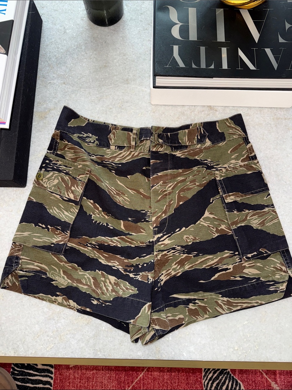NEW! THE GREAT. Women's Camo Cargo Shorts - Olive & Black